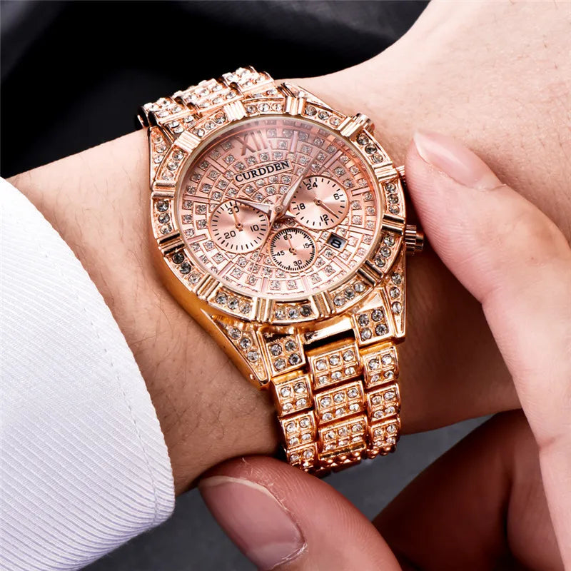 Crystal Quartz Watch with Calendar - Luxury Alloy Wristwatch