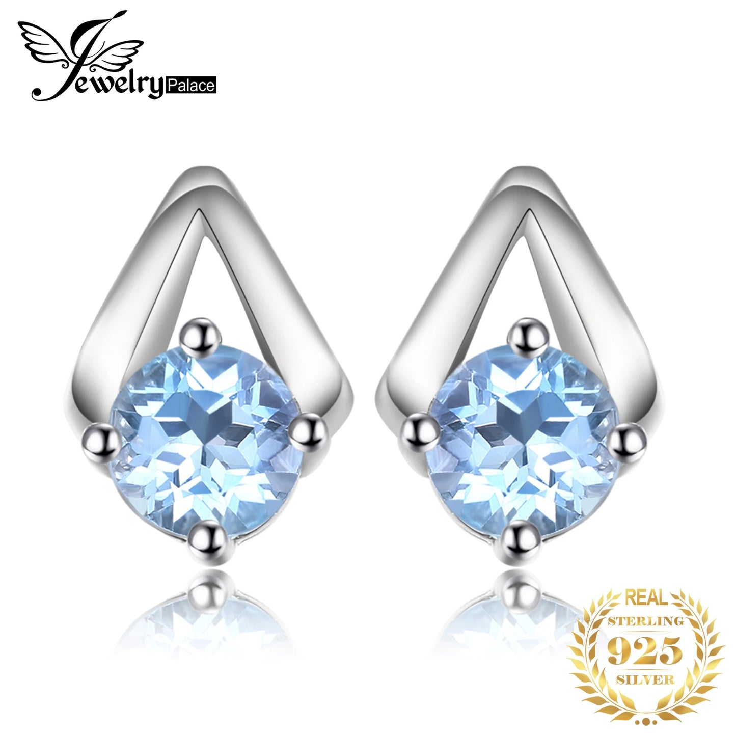 Blue Topaz Stud Earrings - 925 Sterling Silver Round Cut