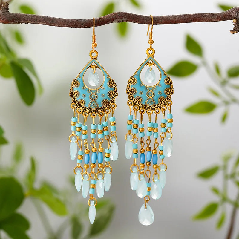 Bohemian Fringed Tassel Drop Earrings - Ethnic Acrylic Design