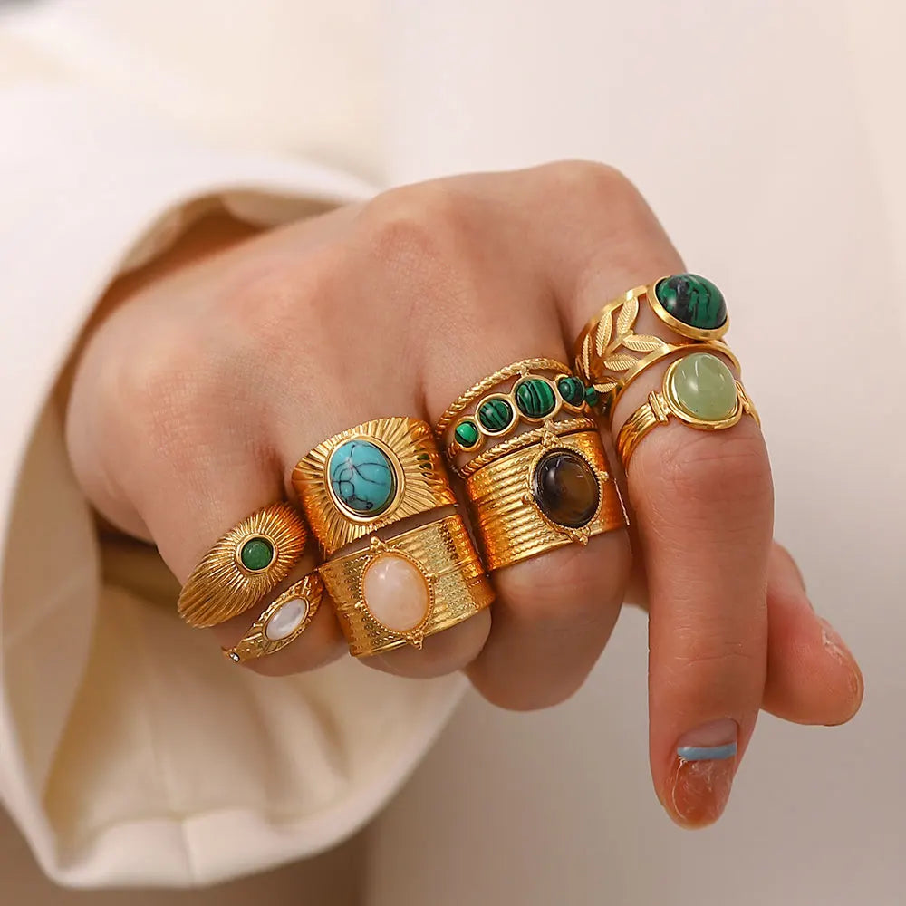 Natural Stone Ring - Gold Plated Stainless Steel