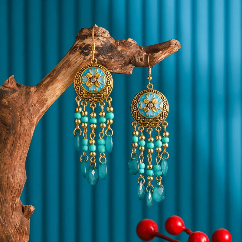 Bohemian Fringed Tassel Drop Earrings - Ethnic Acrylic Design