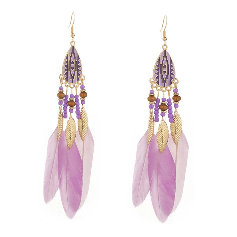 Vintage Bohemian Feather Tassel Earrings - Handmade Ethnic Design