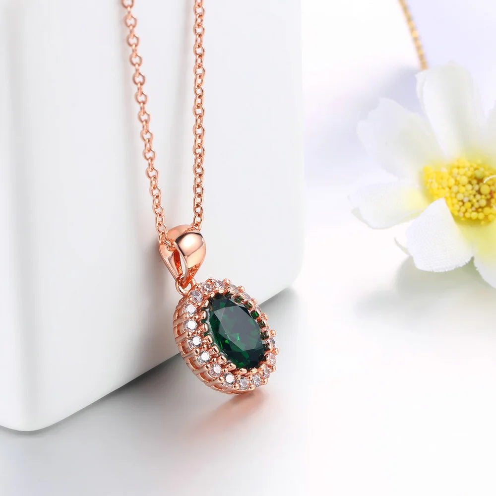 Rose Gold Green Crystal Pendant Necklace - Elegant Design