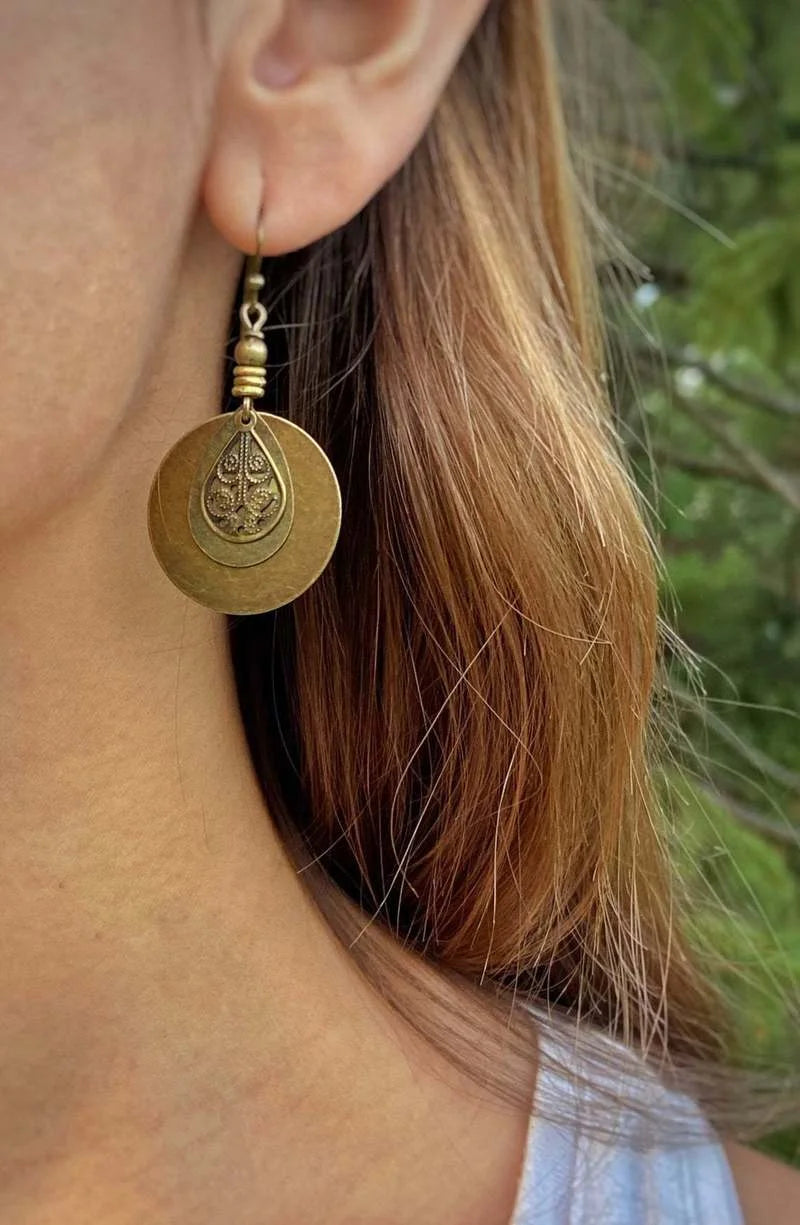 Round Bronze Carved Earrings - Ethnic Style Drop Earrings