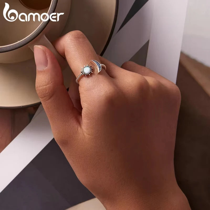 Sun Moon Open Ring - 925 Sterling Silver with Opal Accents