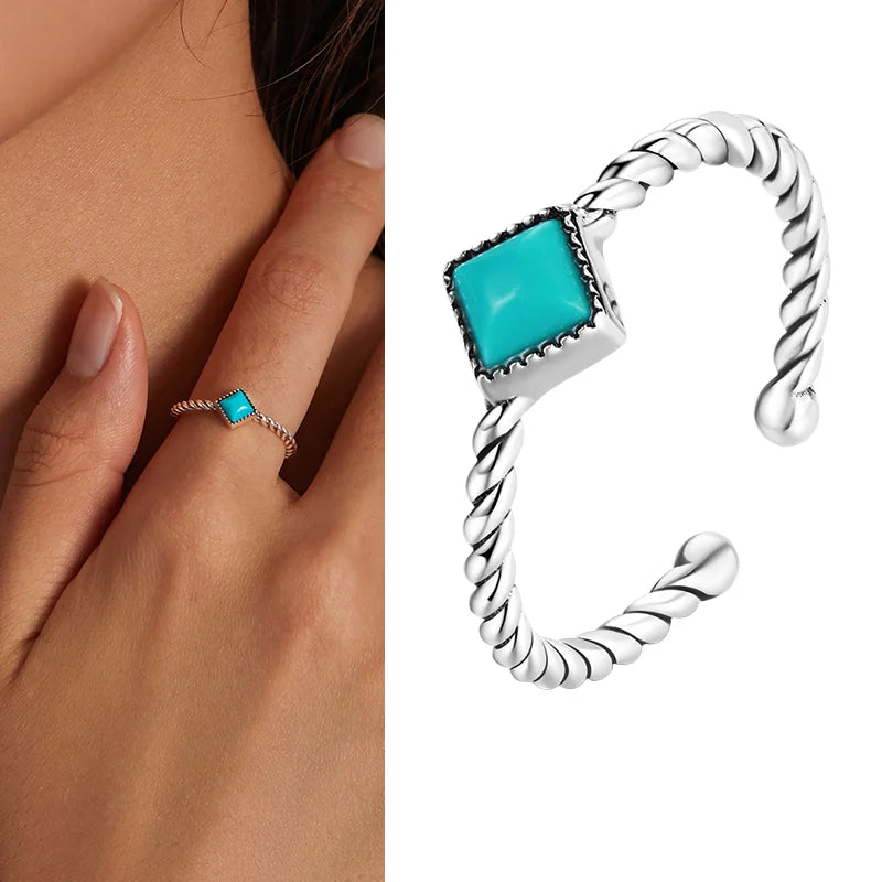 925 Sterling Silver Green Square Gemstone Open Ring