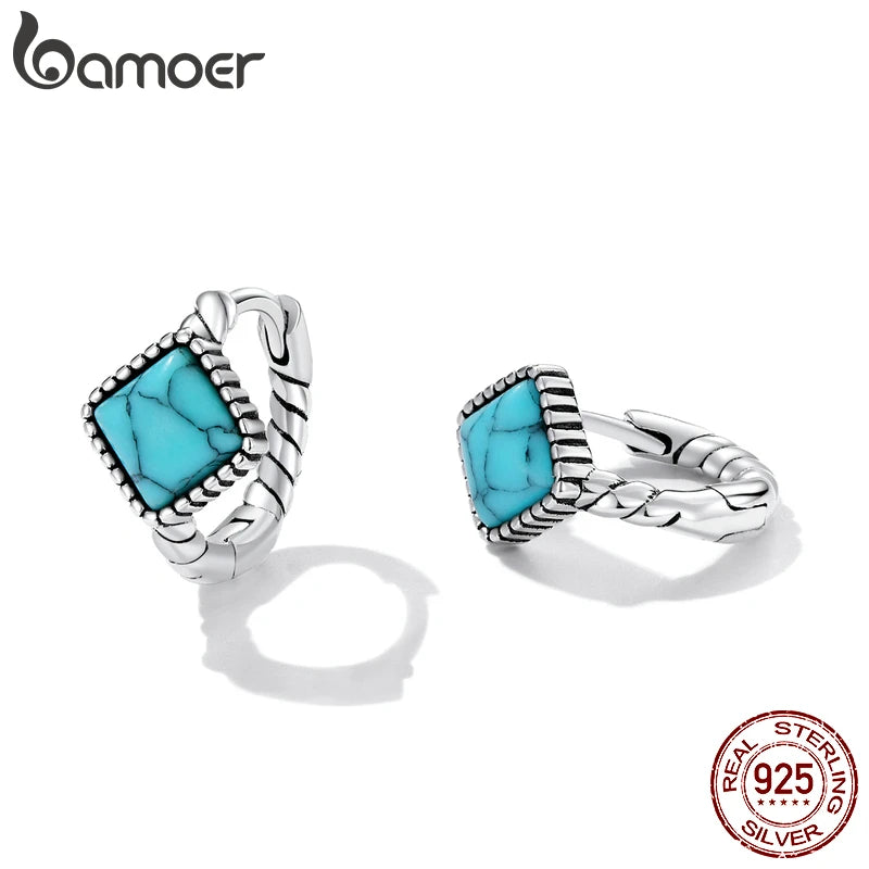 Blue Square Turquoise Earrings - 925 Sterling Silver