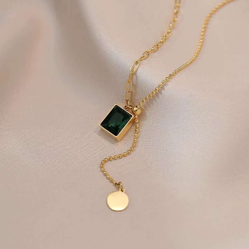 Green Zirconia Square Pendant Necklace