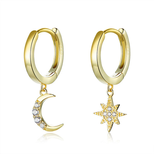 Moon and Star Dangle Earrings - 925 Sterling Silver with Zircon