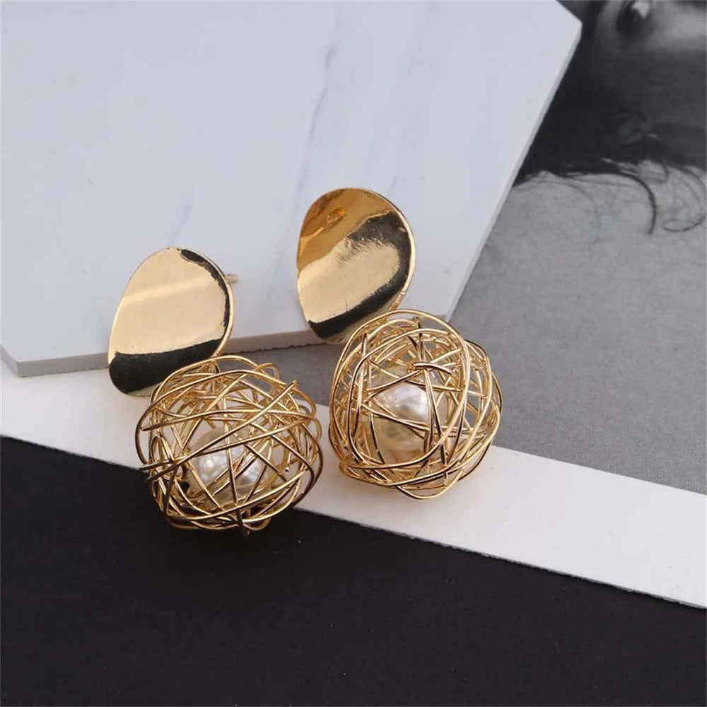 Geometric Woven Ball Pearl Drop Earrings - Gold Tone