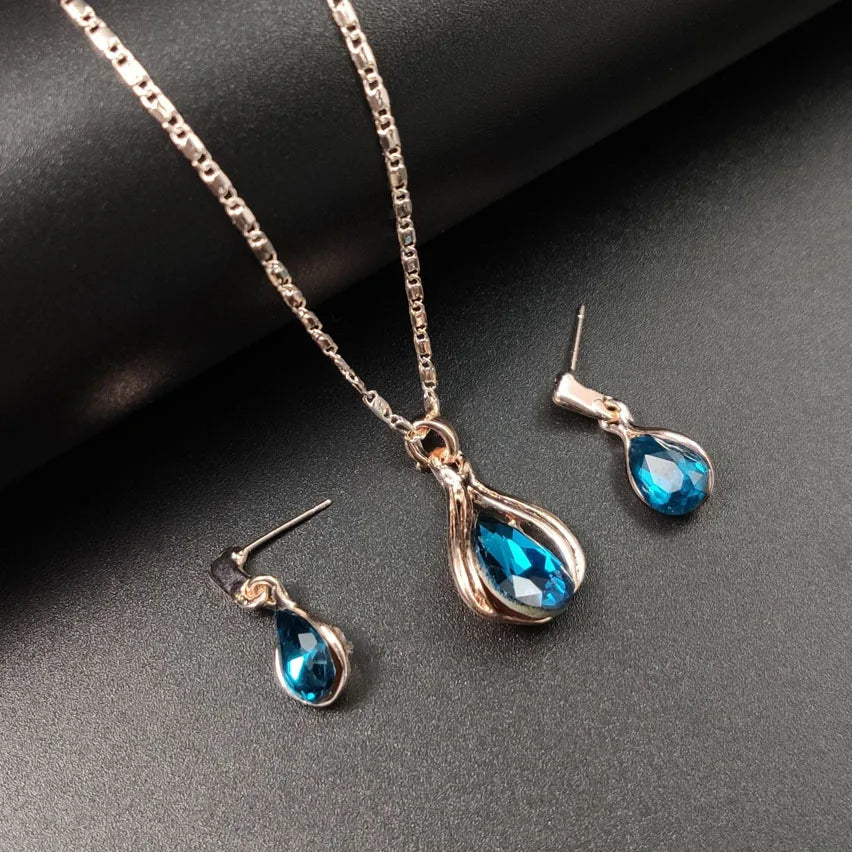 Blue Water Drop Jewelry Set - Classic Necklace and Earrings
