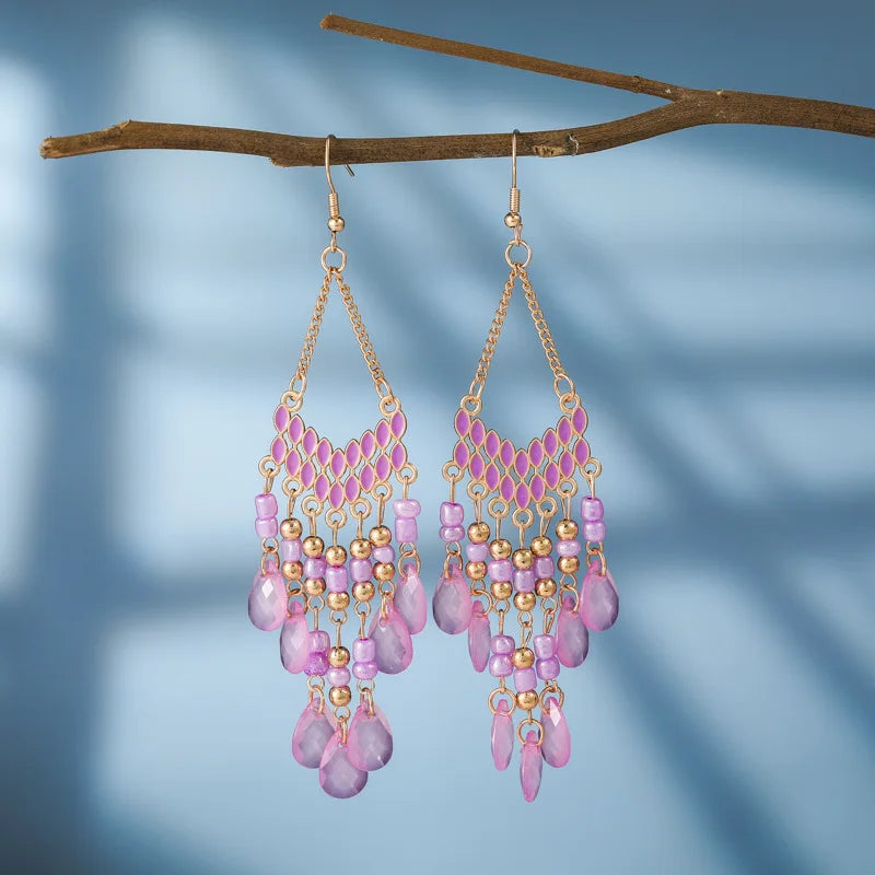 Bohemian Fringed Tassel Drop Earrings - Ethnic Acrylic Design