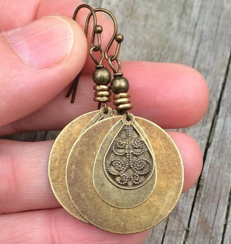 Round Bronze Carved Earrings - Ethnic Style Drop Earrings