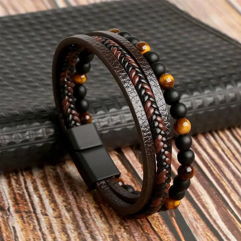 High Quality Leather Bracelet - Tiger Eye Beads with Magnetic Clasp