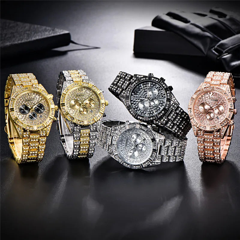 Crystal Quartz Watch with Calendar - Luxury Alloy Wristwatch