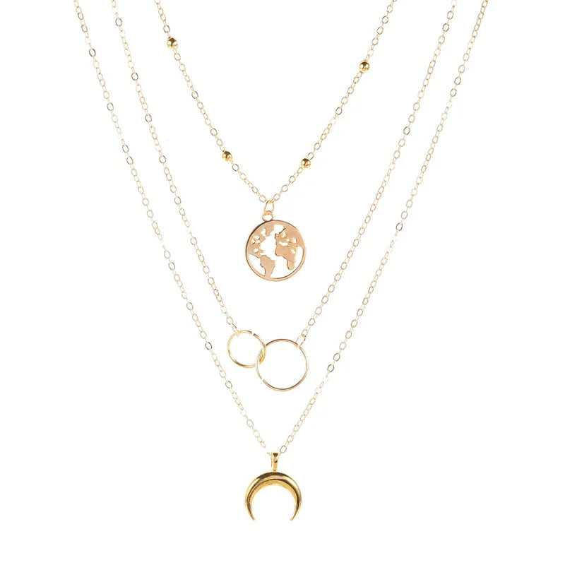 Bohemian Multilayer Moon Pendant Necklace - Gold Plated