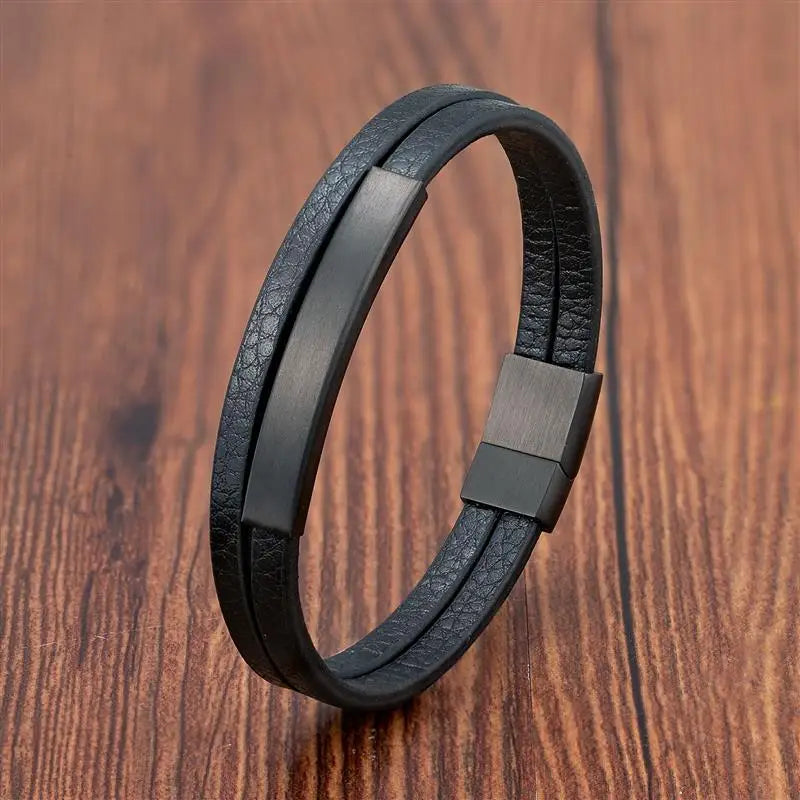 Black Genuine Leather Bracelet - Stainless Steel Magnetic Clasp