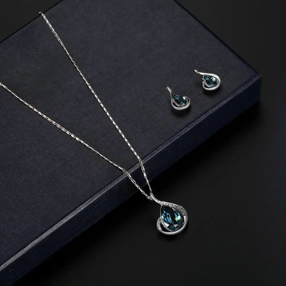 Blue Water Drop Jewelry Set - Classic Necklace and Earrings