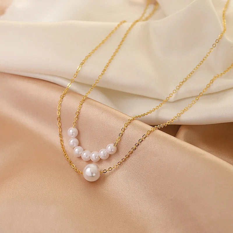Layered Pearl and Chain Pendant Necklace