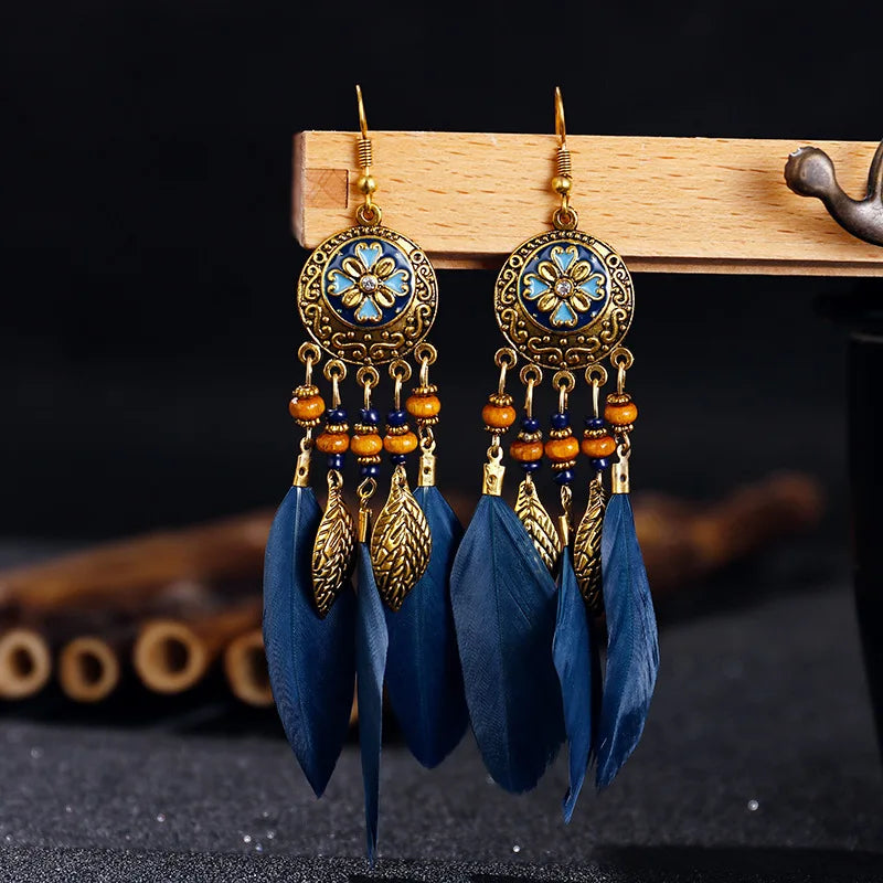 Vintage Bohemian Feather Drop Earrings - Long Tassel Design