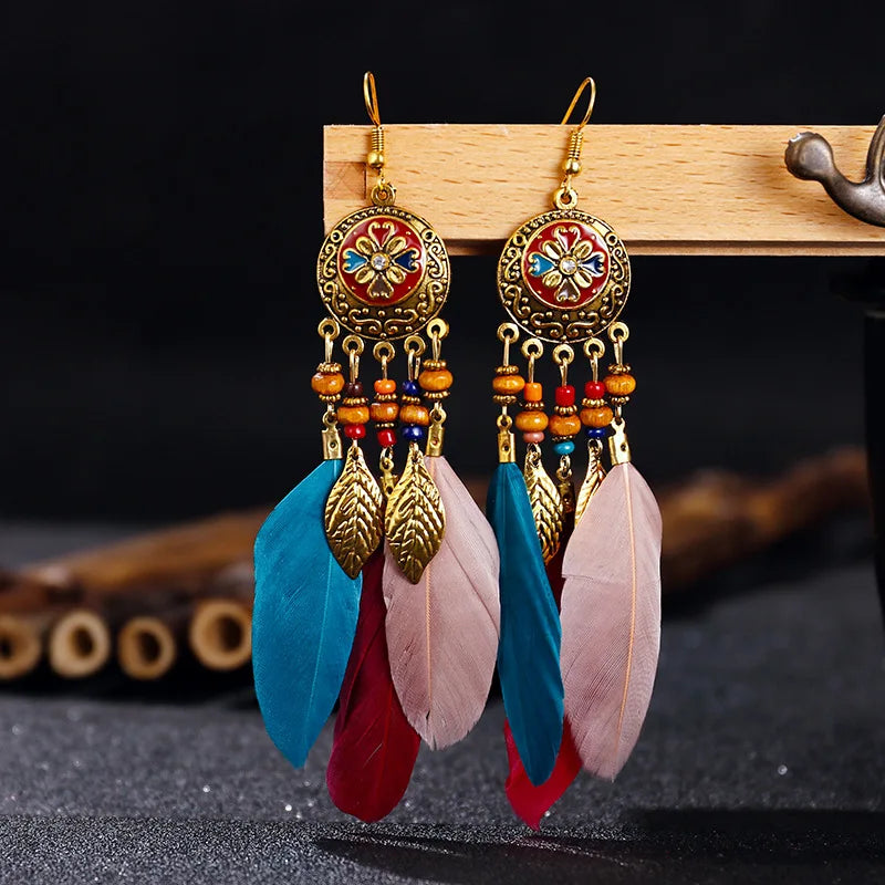 Vintage Bohemian Feather Drop Earrings - Long Tassel Design