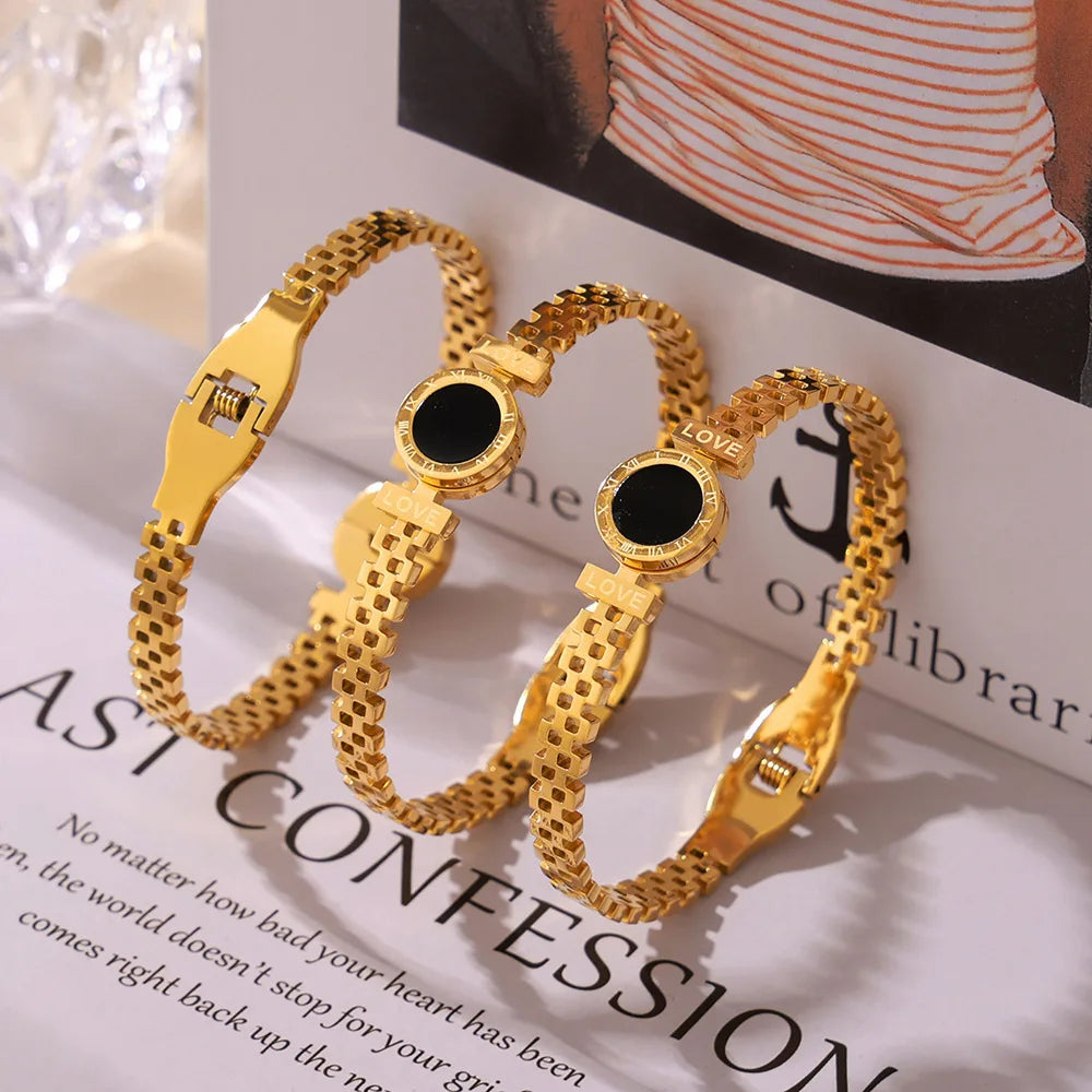 Roman Numeral Letter Bangle - Gold Stainless Steel