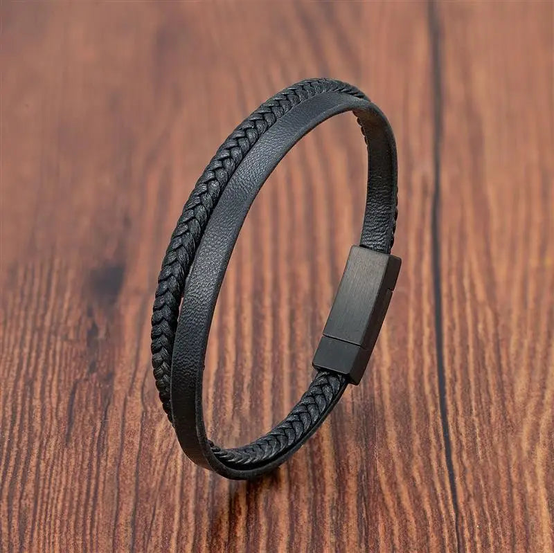 Black Genuine Leather Bracelet - Stainless Steel Magnetic Clasp