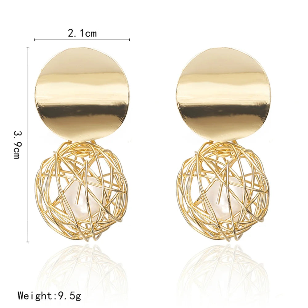 Geometric Woven Ball Pearl Drop Earrings - Gold Tone