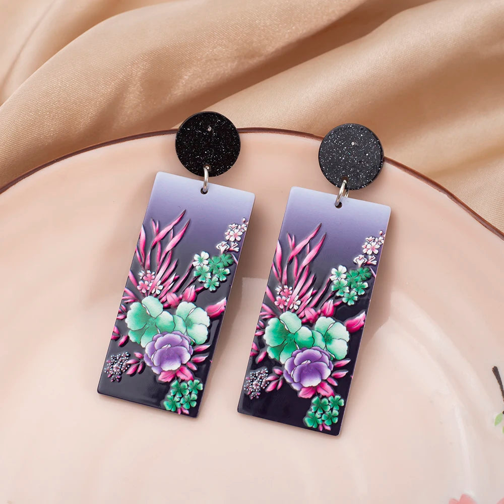 Black Acrylic Flower Drop Earrings - Geometric Design