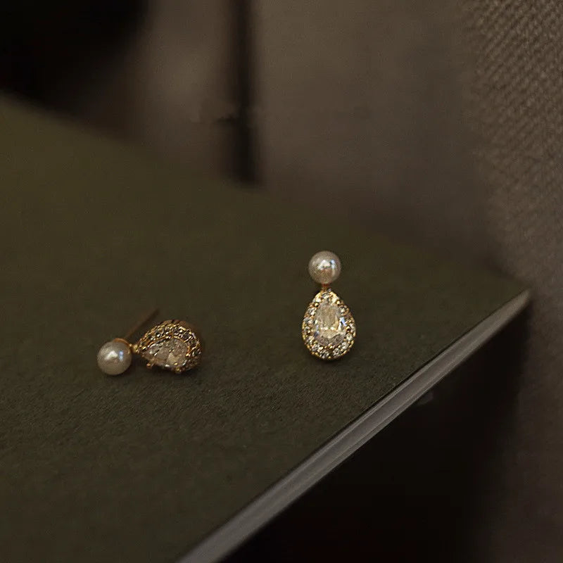 Pearl and Zircon Stud Earrings - 925 Sterling Silver Water Drop