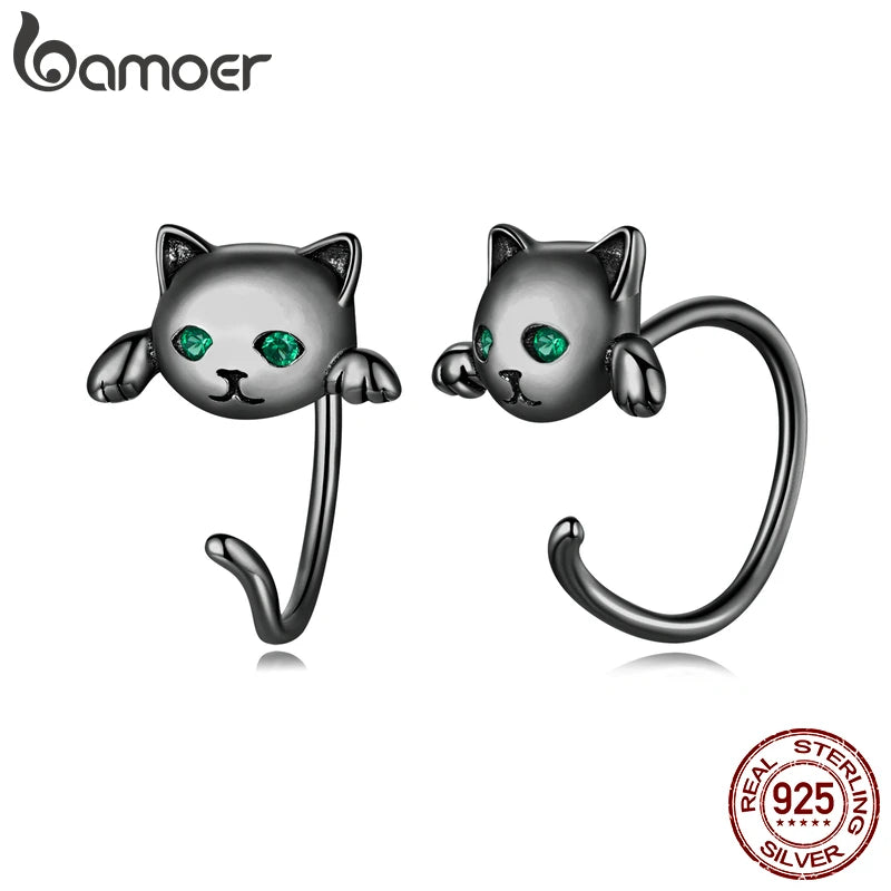 Cute Cat Stud Earrings - 925 Sterling Silver with Zircon