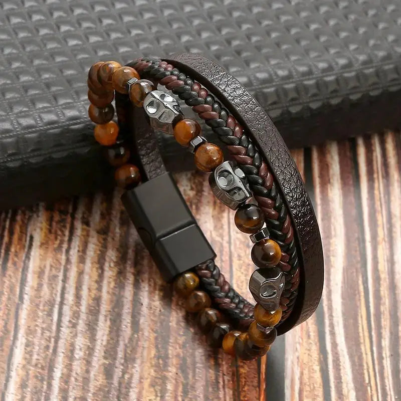 High Quality Leather Bracelet - Tiger Eye Beads with Magnetic Clasp