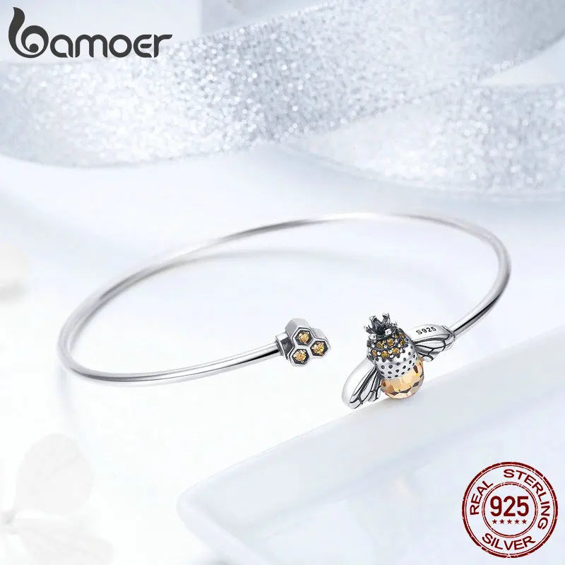 Yellow Bee Cuff Bangle - 925 Sterling Silver with Crystal