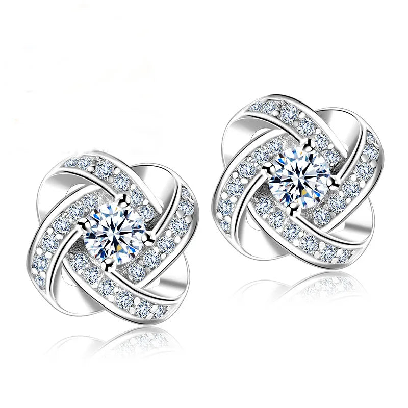 Flower Crystal Stud Earrings - 925 Sterling Silver Geometric