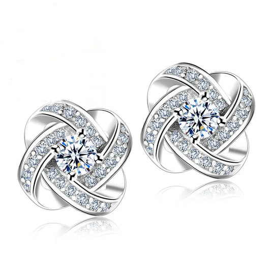 Flower Crystal Stud Earrings - 925 Sterling Silver Geometric