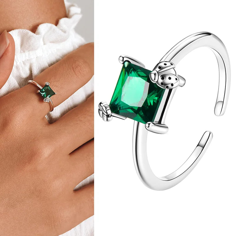 925 Sterling Silver Green Square Gemstone Open Ring