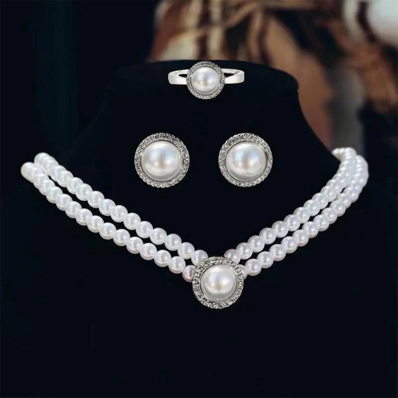Pearl Bridal Jewelry Set - Necklace, Earrings, and Ring