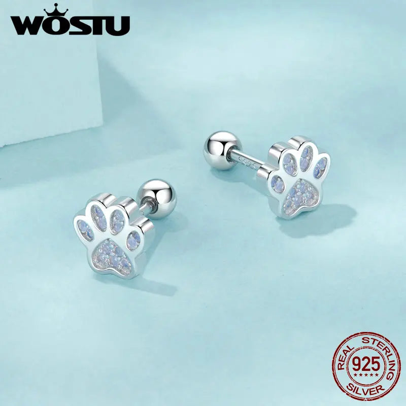 Animal Paw Footprints Stud Earrings - 925 Sterling Silver with Opal