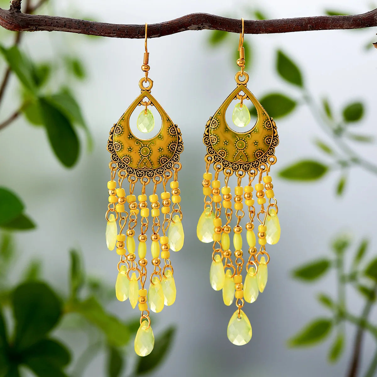 Bohemian Fringed Tassel Drop Earrings - Ethnic Acrylic Design