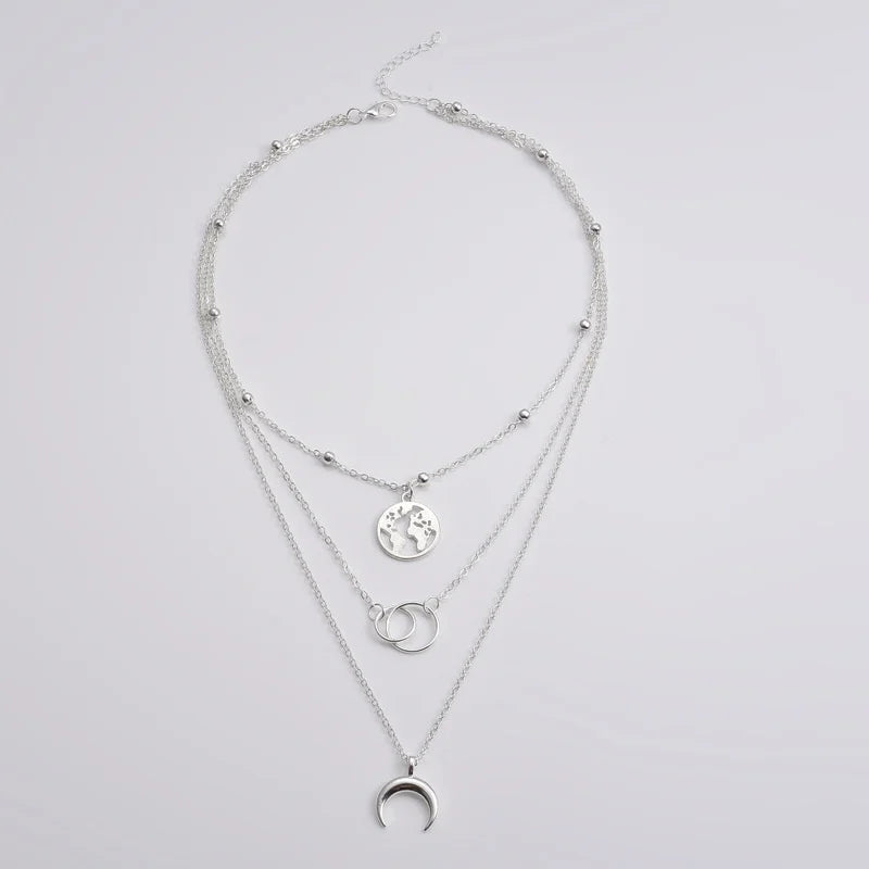 Bohemian Multilayer Moon Pendant Necklace - Gold Plated