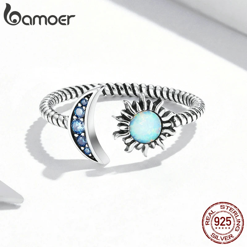 Sun Moon Open Ring - 925 Sterling Silver with Opal Accents