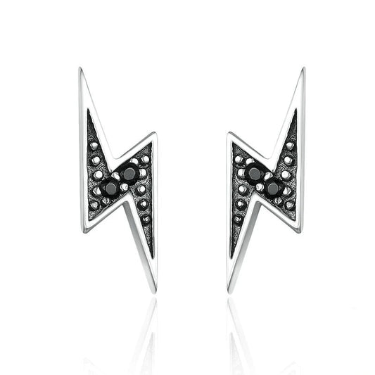 Lightning Black CZ Stud Earrings - 925 Sterling Silver