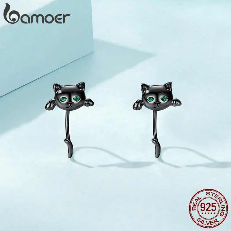 Cute Cat Stud Earrings - 925 Sterling Silver with Zircon