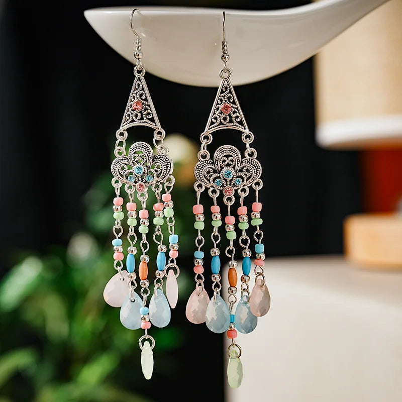 Bohemian Fringed Tassel Drop Earrings - Ethnic Acrylic Design