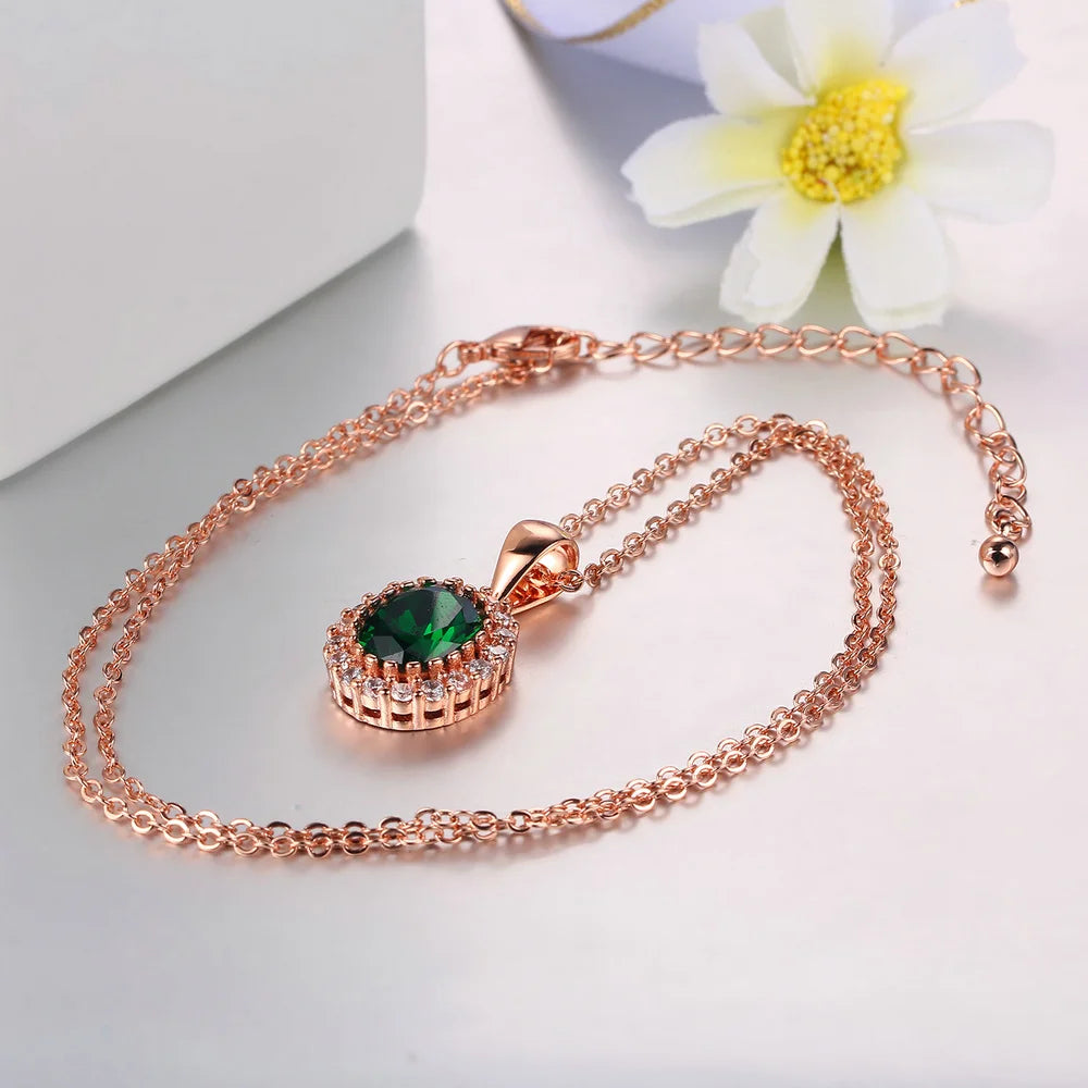 Rose Gold Green Crystal Pendant Necklace - Elegant Design