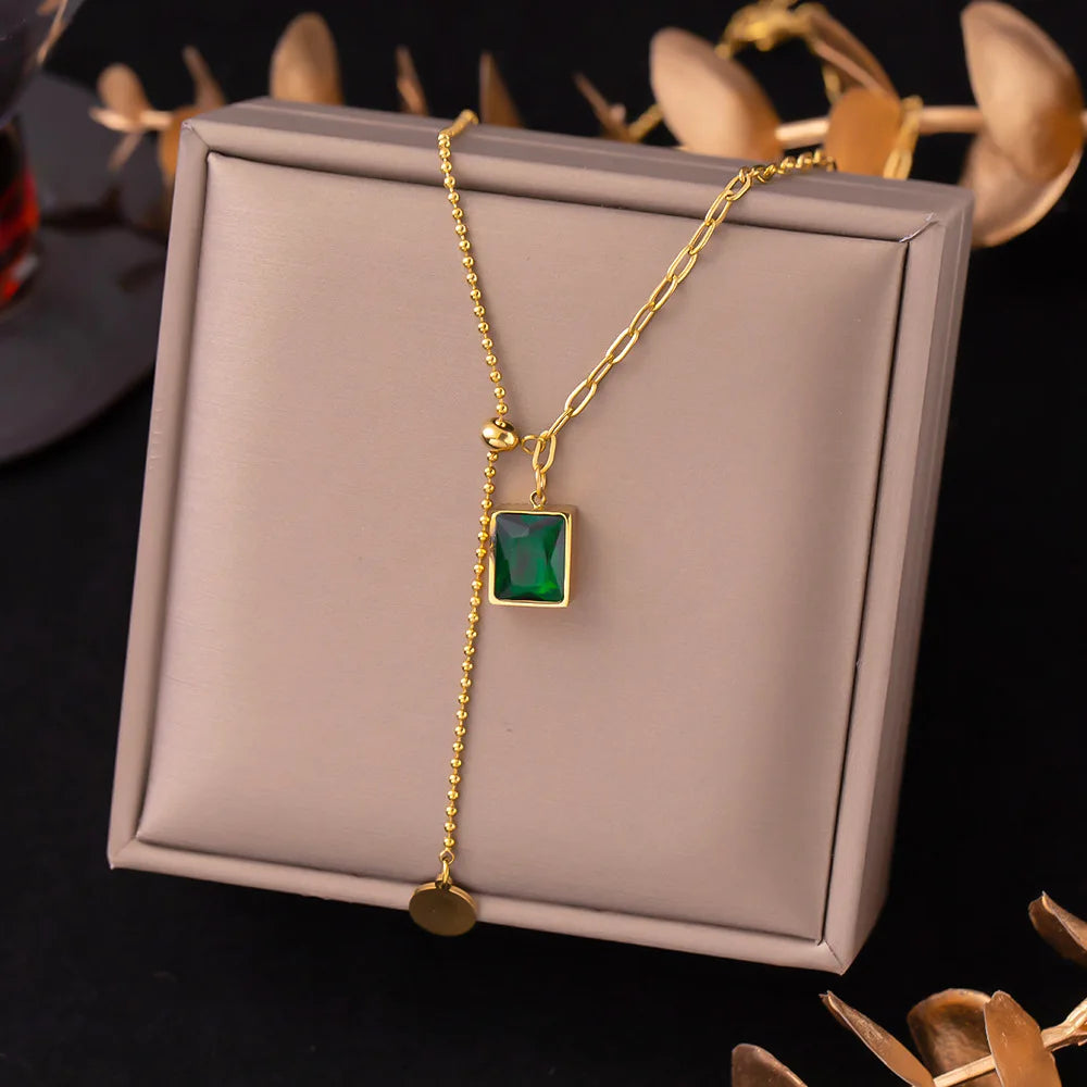 Green Zirconia Square Pendant Necklace