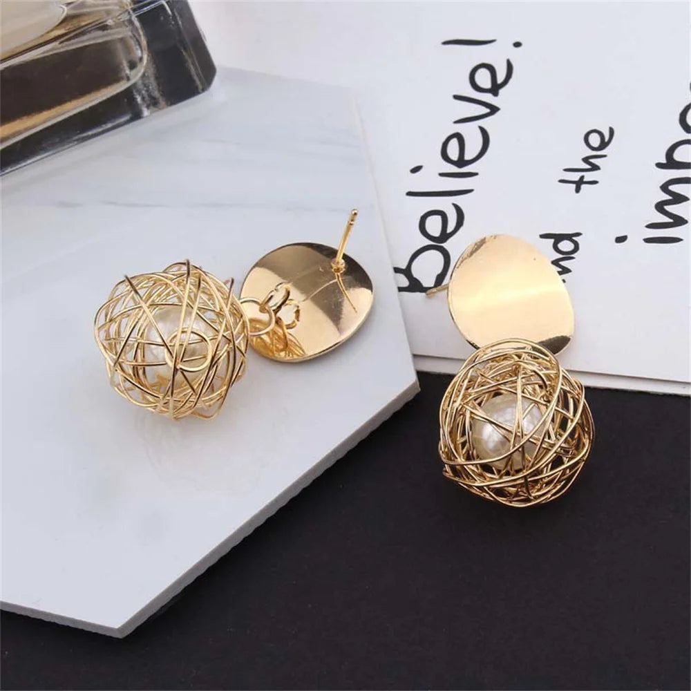 Geometric Woven Ball Pearl Drop Earrings - Gold Tone