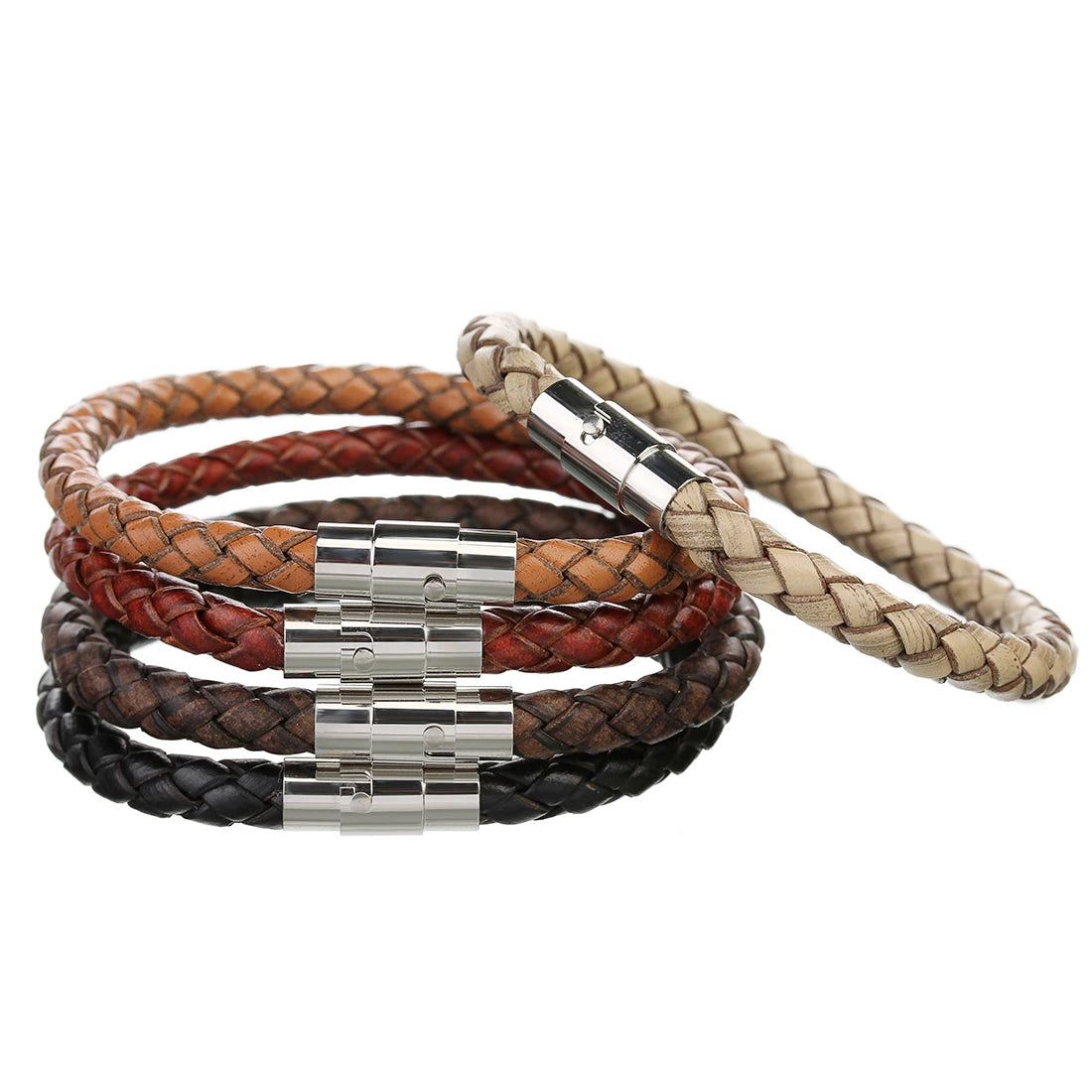 Genuine Braided Leather Bracelet - Stainless Steel Magnetic Clasp