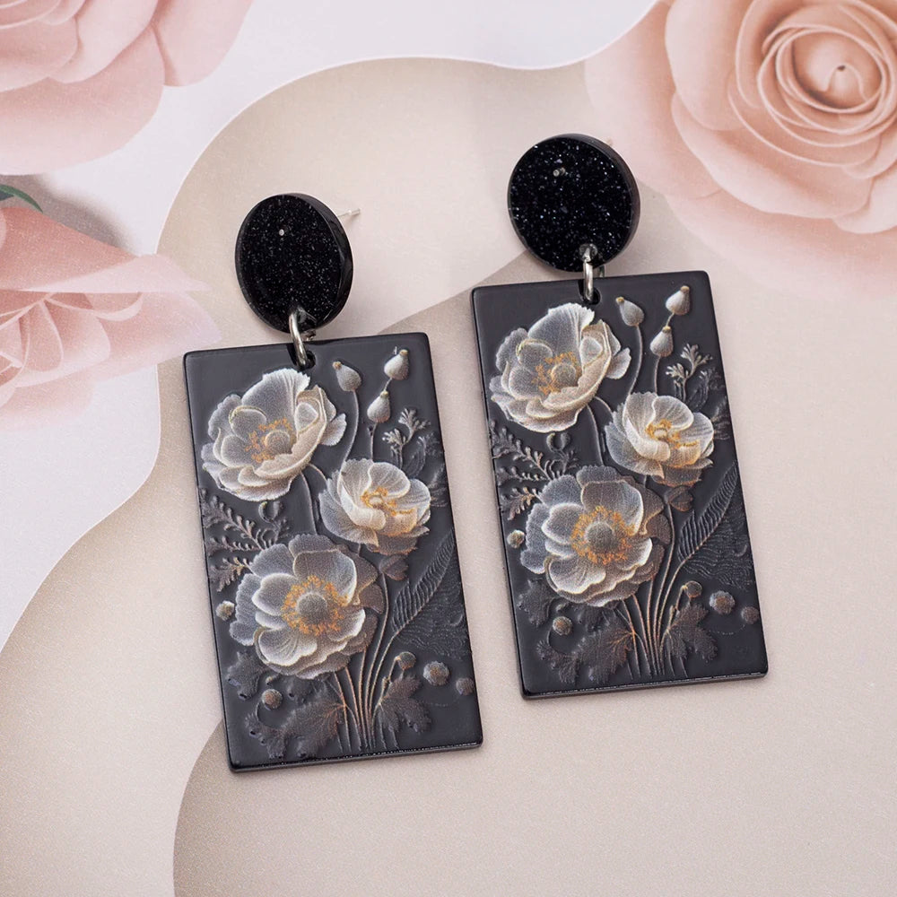 Black Acrylic Flower Drop Earrings - Geometric Design