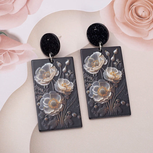 Black Acrylic Flower Drop Earrings - Geometric Design